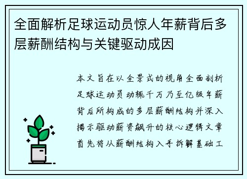 全面解析足球运动员惊人年薪背后多层薪酬结构与关键驱动成因