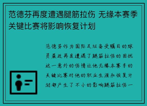 范德芬再度遭遇腿筋拉伤 无缘本赛季关键比赛将影响恢复计划