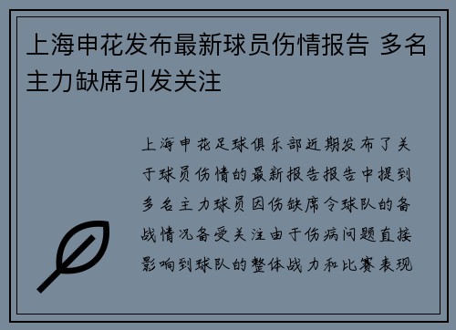 上海申花发布最新球员伤情报告 多名主力缺席引发关注 上海申花发布最新球员伤情报告 多名主力缺席引发关注