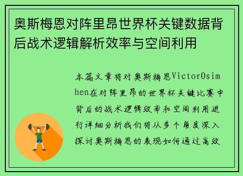 奥斯梅恩对阵里昂世界杯关键数据背后战术逻辑解析效率与空间利用 奥斯梅恩对阵里昂世界杯关键数据背后战术逻辑解析效率与空间利用